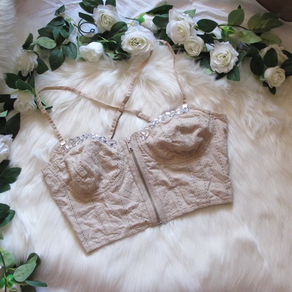 Guess | Jeweled Crop Zipper Front Adjustable Cross Back Straps - Picture 1 of 6